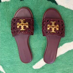 Tory Burch Maroon Woven Slide Sandals